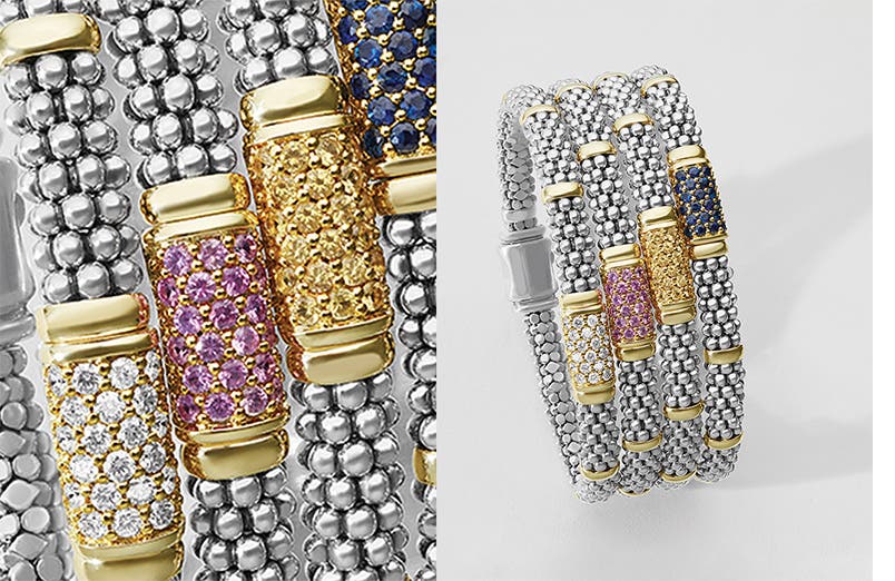 Four LAGOS Signature Caviar bracelets with white diamonds, pink sapphires, yellow sapphires and blue sapphires.