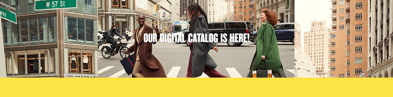 Anniversary Sale: our digital catalog is here! Three women cross a street.