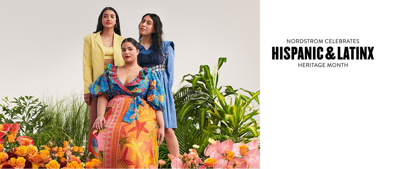 Nordstrom celebrates Hispanic and Latinx Heritage Month. A trio of Nordstrom employees against a vibrant backdrop of greenery and flowers