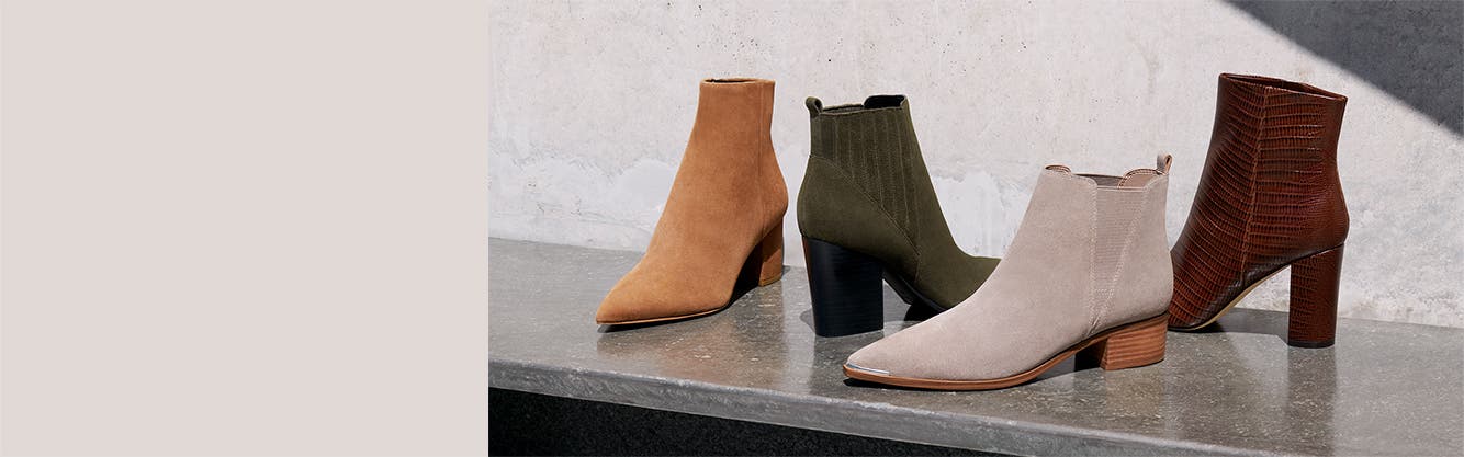 Four styles of booties in cognac, green, taupe and brown from Marc Fisher LTD.