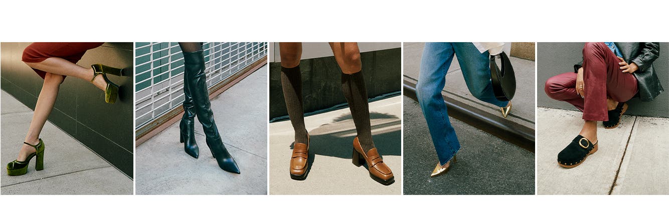 The fall shoe edit: green platforms, black over-the-knee boots, brown loafers, gold statement heels and black studded clogs.